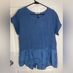 💃 TERZO MILLENNIO Blue Linen Embroidered Eyelet Ruffle Blouse Size S